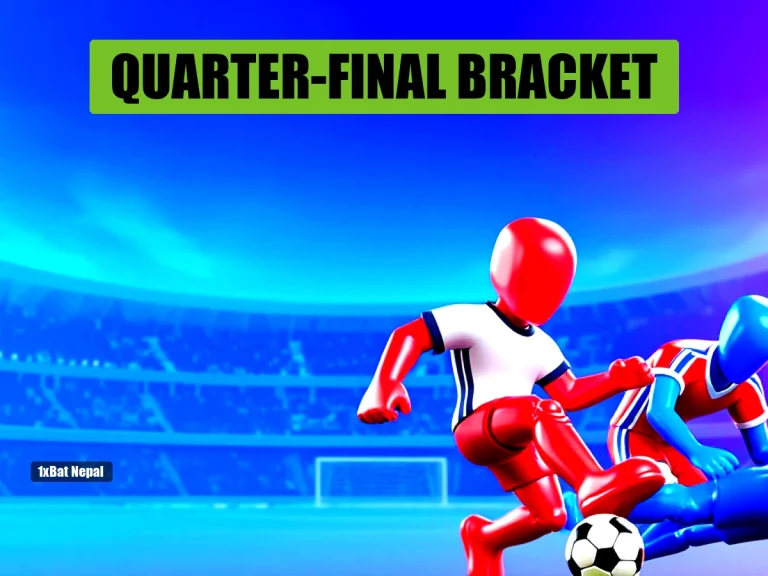 World Cup 2026 quarter-final bracket featuring faceless red-skinned England player and blue-skinned Norway player in a dynamic tackle scene at a vibrant stadium